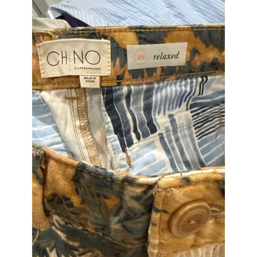 Anthropologie Chino Relaxed Pant 26 Tropical Floral Palm Bird Side Stripe NWT - Picture 2 of 4